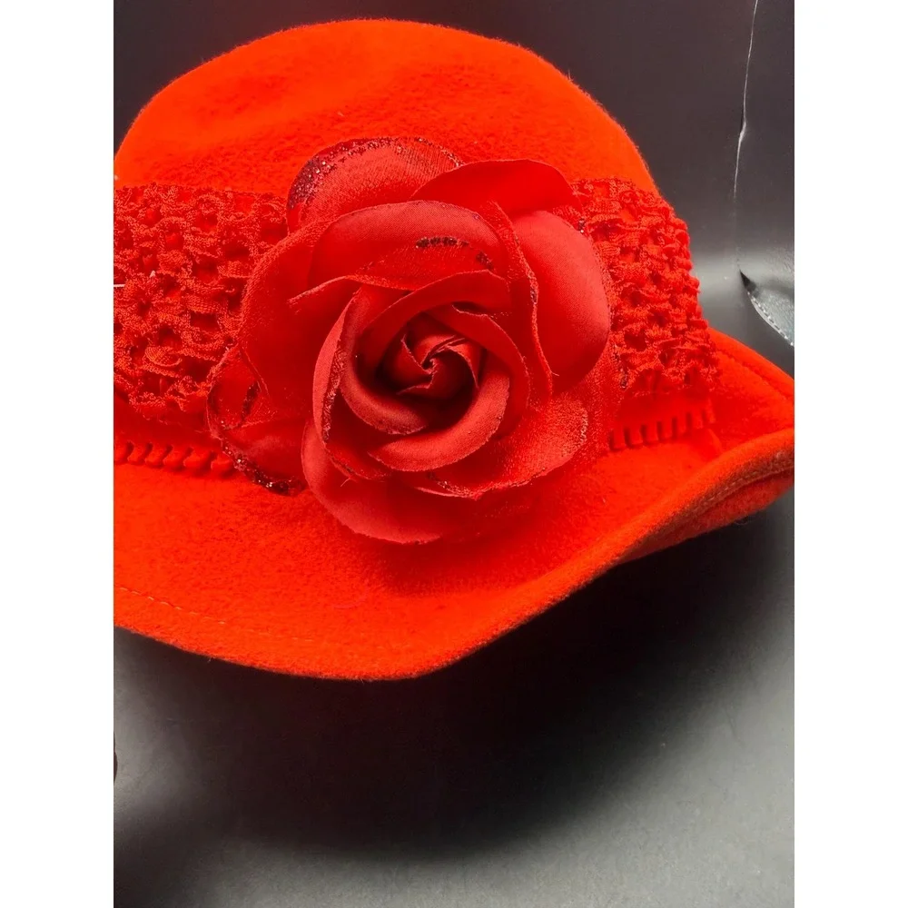 Vtg Jack McConnell Flair Red Wool Doeskin Felt Cloche Hat Lace Flower Church